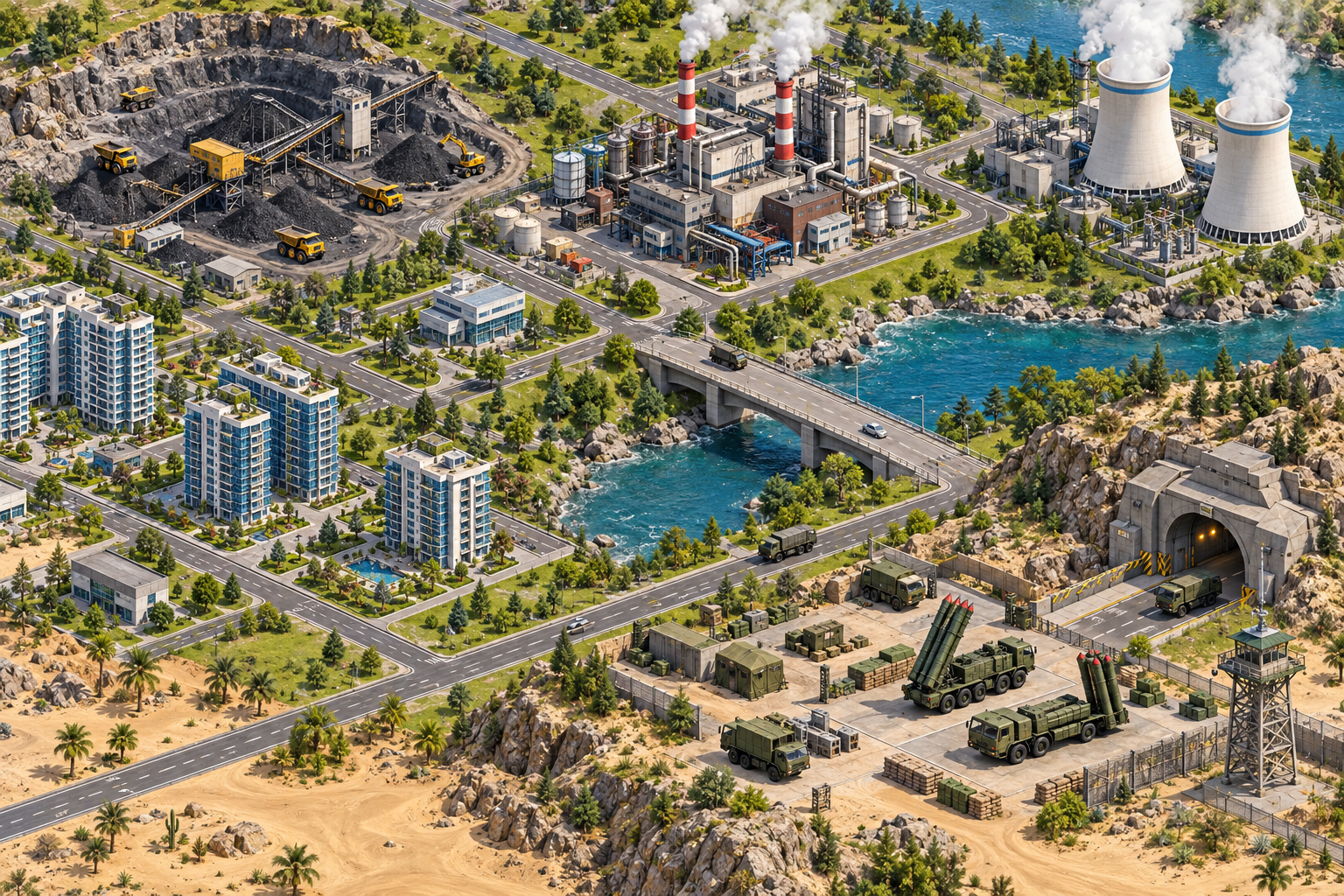 Original strategy-city illustration, not footage from the games compared